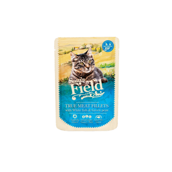 SAMS FIELD TRUE MEAT FILLETS FISH & GREEN PEAS 85G