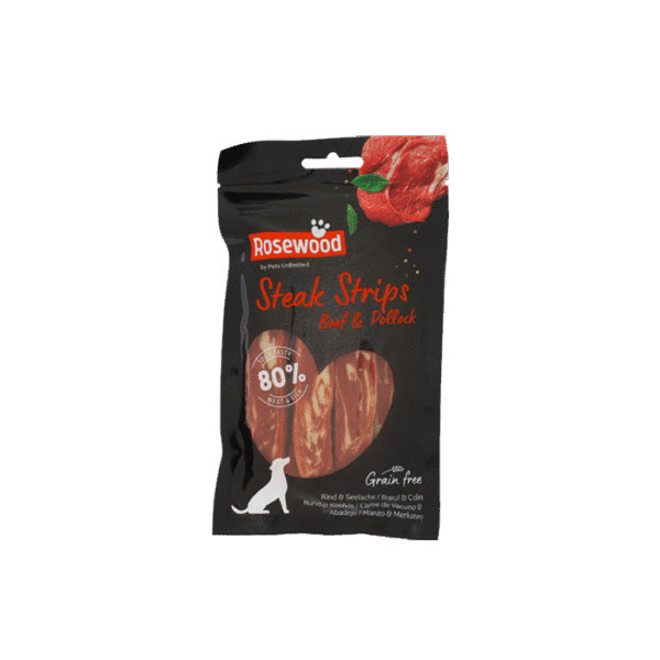 ROSEWOOD CHEW STEAK STRIPS BEEF & POLLOCK 100G